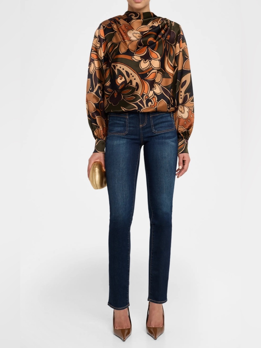 NWT 👑💛 RAMY BROOK Silk-Feel Floral Print Blouse in Black, Brown & Olive